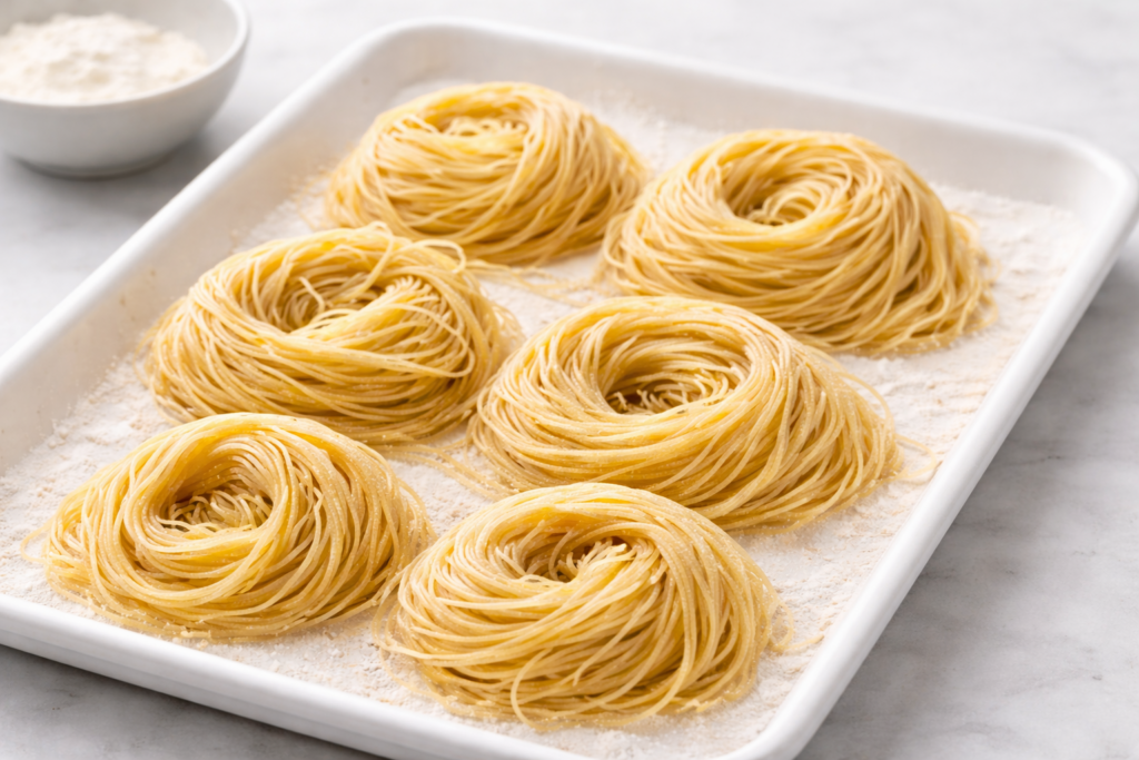 Wonton noodles on a tray on a white background